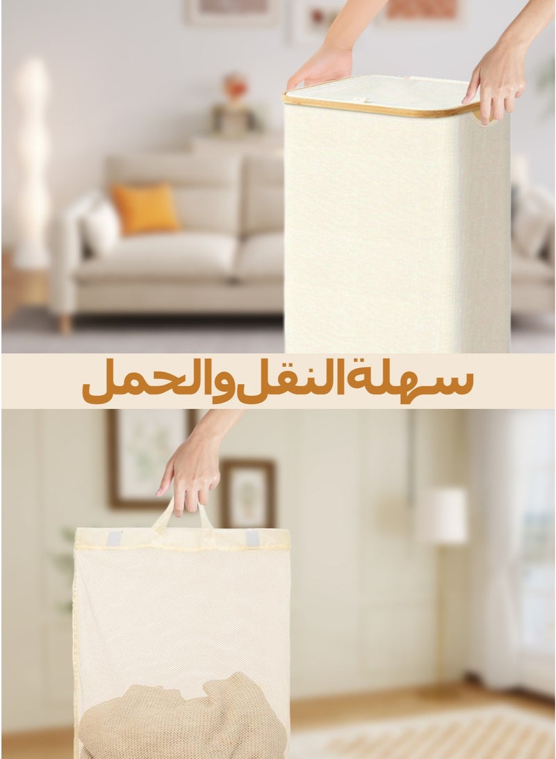 سلة غسيل مع غطاء وحقيبة داخلية قابلة للإزالة - سلة غسيل بسعة كبيرة 100 لتر، سلة تخزين ملابس محمولة، مناسبة للمهاجع والحمامات وغرف النوم، بيج، قابلة للطي، يمكن استخدامها لتخزين الألعاب والخزائن والملابس المتسخة وما إلى ذلك. - Image 4